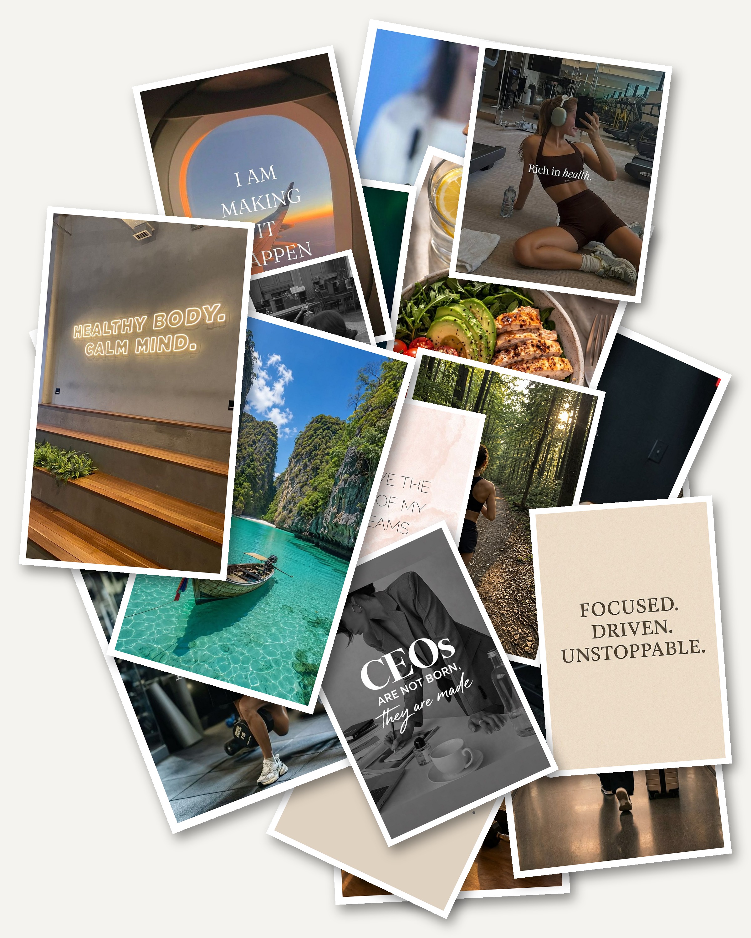 The twenty source images for board 1, scattered in a loose pile at mismatched sizes