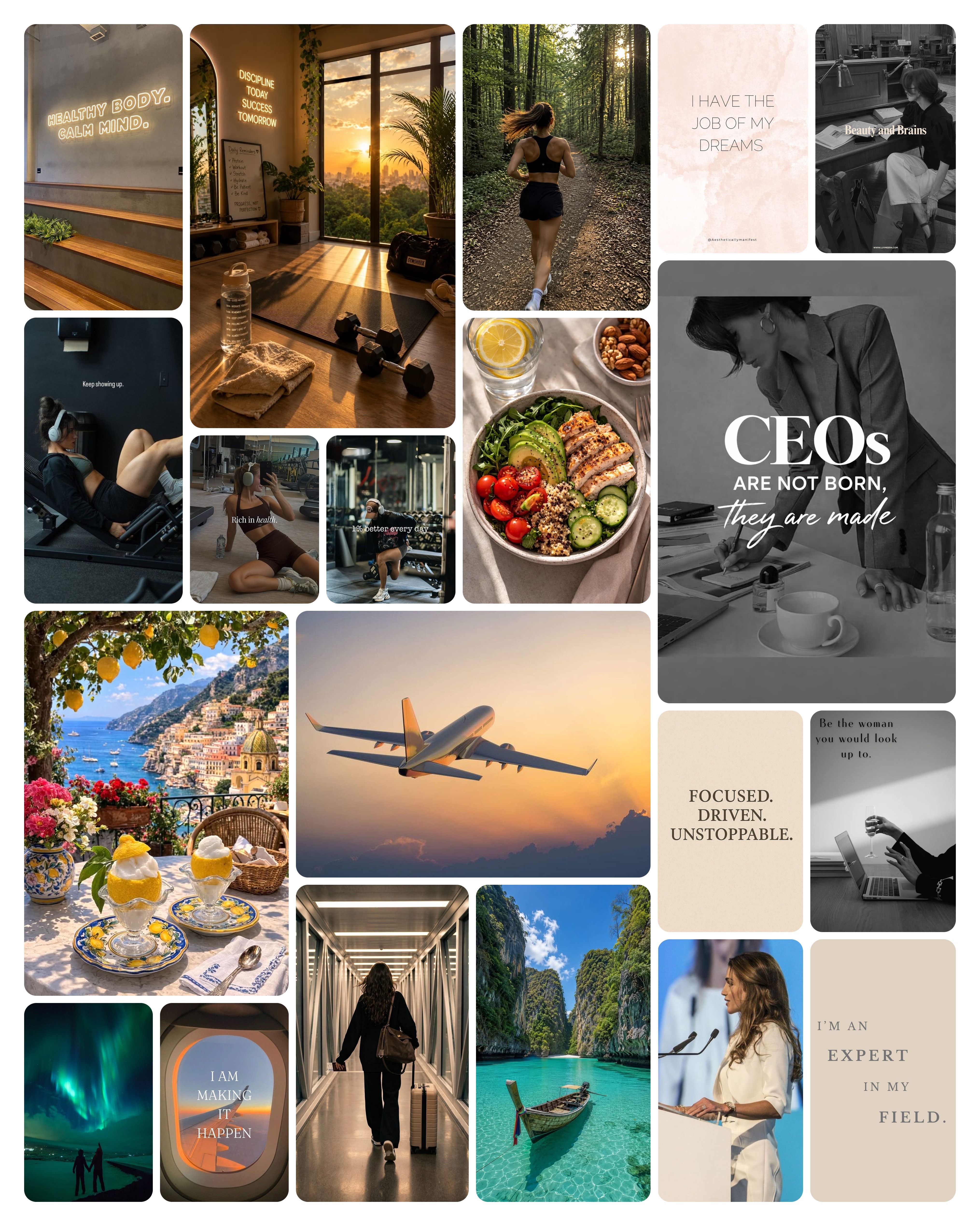 Board 1 — the same twenty images arranged into a finished vision board with career, fitness, and travel zones